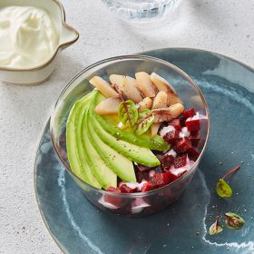 Smoked herring, avocado, beetroot and Isigny PDO Crème Fraîche in a glass recipe